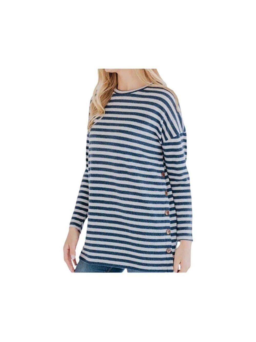 Simply Southern Navy Blue Long Sleeve Fuzzy Stripe Sweater Top NWT Size L